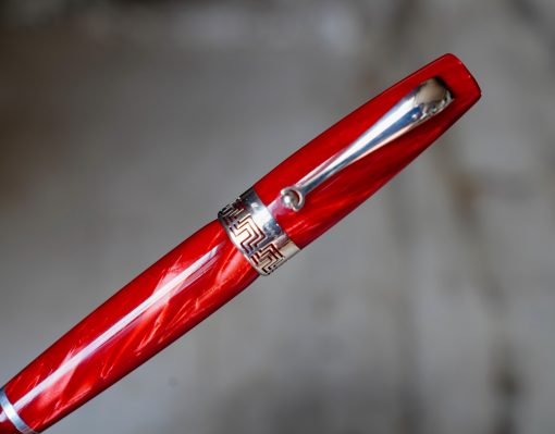 STYLO PLUME MONTEGRAPPA RESINE ROUGE MARBRE & ARGENT MASSIF 925 - PLUME EN OR MASSIF 18 CARATS