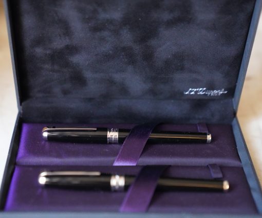S.T. DUPONT OLYMPIO - PARURE STYLO PLUME + STYLO ROLLER EN LAQUE DE CHINE NOIRE - FINITION PLATINUM