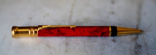 STYLO BILLE PARKER DUOFOLD EN RESINE ROUGE MARBRE & PL. OR 18 CARATS