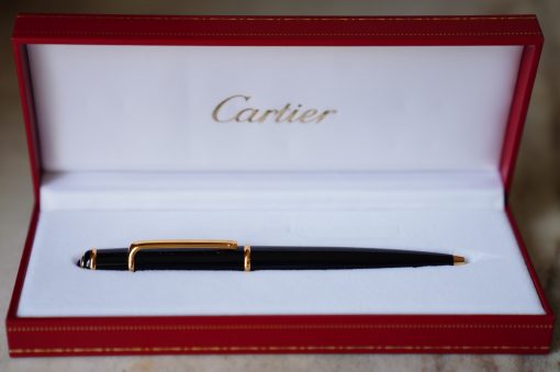 STYLO BILLE CARTIER DIABOLO RESINE NOIRE PL. OR 18 CARATS - PIERRE BLEUE