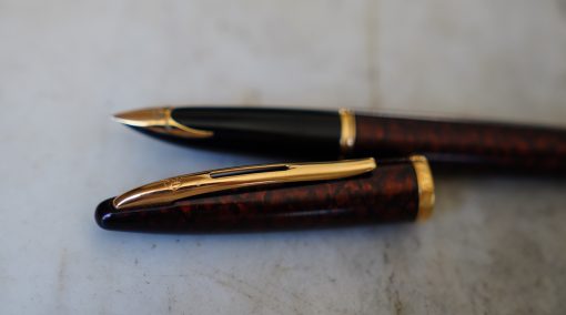 STYLO PLUME WATERMAN CARENE EN LAQUE BRUNE MOIREE - PLUME EN OR MASSIF 18 CARATS