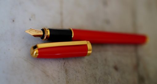 STYLO PLUME S.T. DUPONT FIDELIO LAQUE ORANGE & PL. OR - PLUME OR MASSIF 14K OM - OBLIQUE MOYENNE